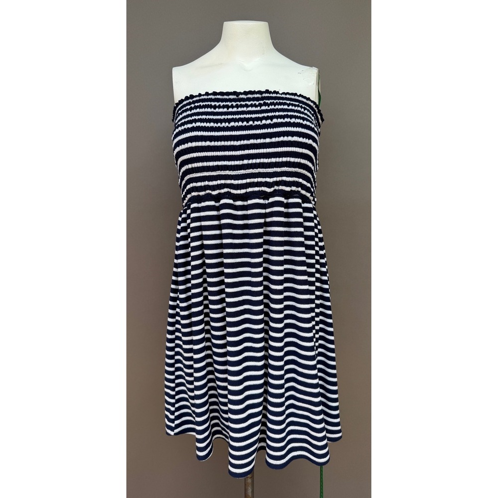 Loft Swim Striped Smocked Tube Dress XXL Navy White Strapless Terry Coverup